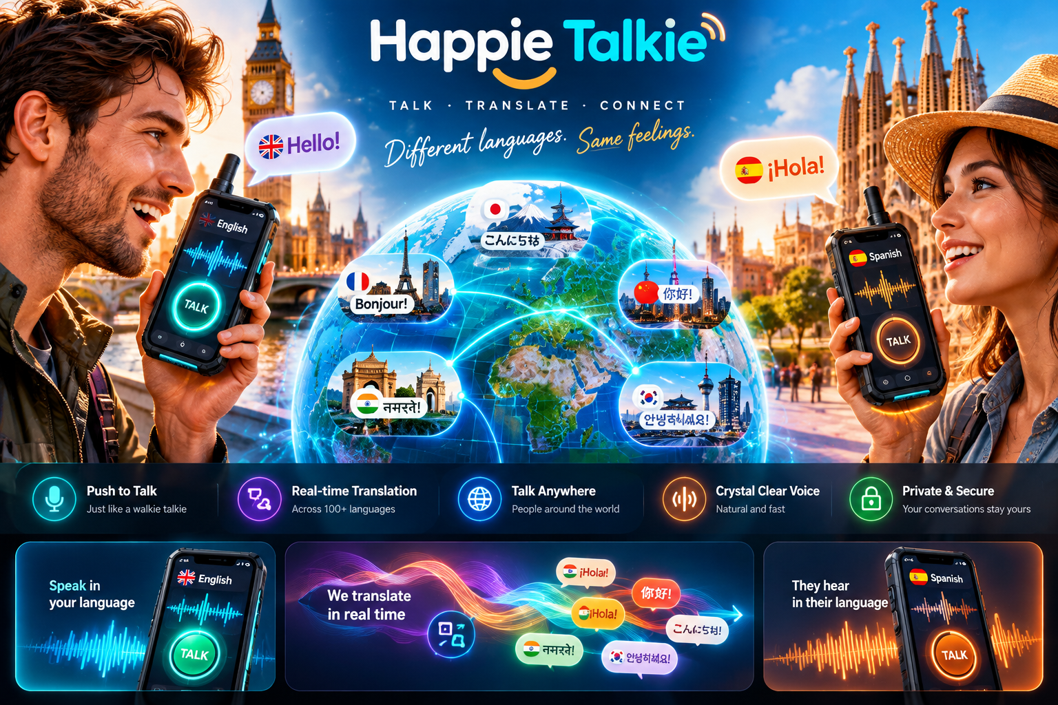 Happie Talkie concept artwork showing two travellers using push-to-talk translation devices and a global network connecting conversations across English, Spanish, French, Japanese, Chinese, Hindi, and Korean