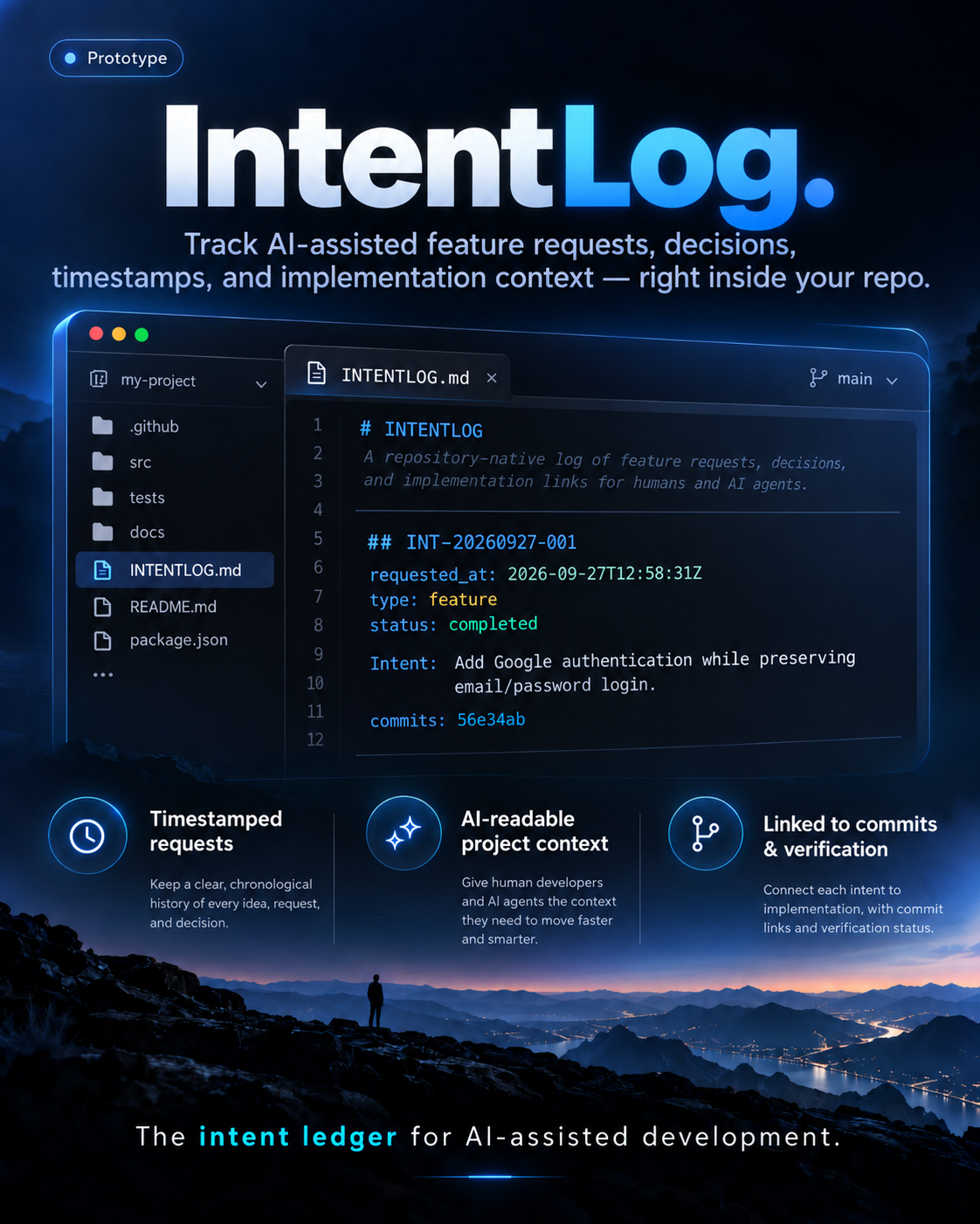 IntentLog concept artwork showing an INTENTLOG.md file in a code editor, with a timestamped feature request, implementation commit, and three proposed benefits